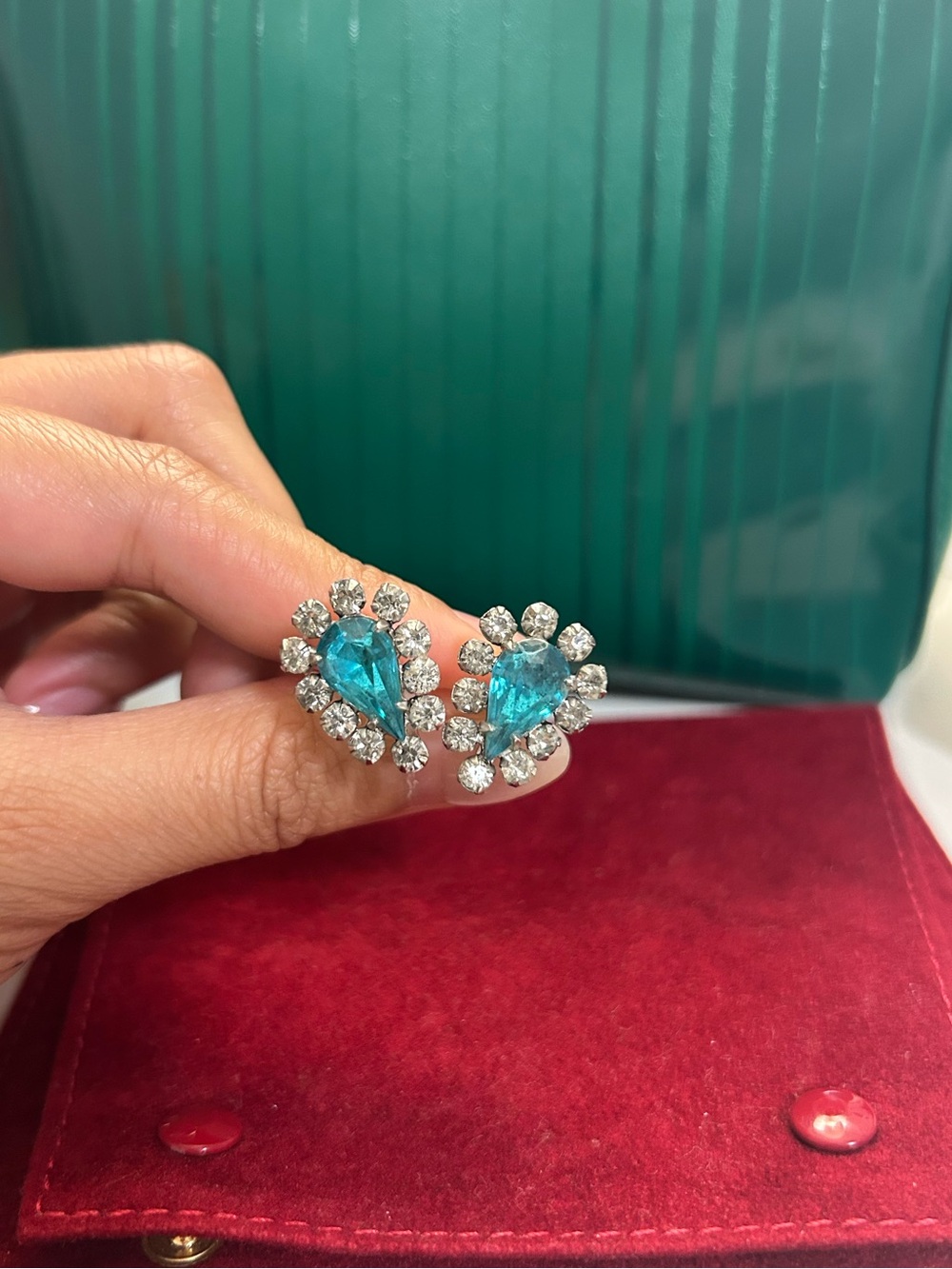 Vintage pear-shaped, bright aqua-blue clip-on earrings